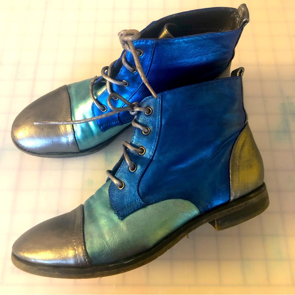 One-of-a-Kind Hand Painted Low Boots- 8 (38) - Metallic Blue, Turquoise, Silver